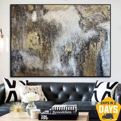 Original Gold Leaf Paintings On Canvas Textured Wall Art Hand Painted Artwork for Home Decor | ENERGY FLOWS 60"x80"