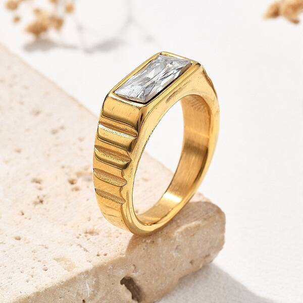 304 Stainless Steel Glass Rectangle Finger Rings