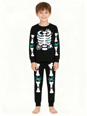 Kids Halloween Glow Skeleton Set, Autumn Round Neck Long Sleeve Pants, Tight-Fit Home Wear Sleepwear, Spring & Fall Festival ...