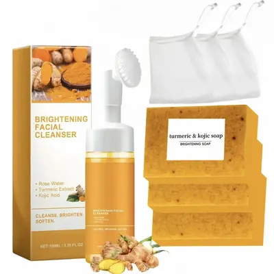 Turmeric Wash and Care Two Piece Set - Brightening Facial Cleanser with Turmeric Cleansing Mousse & Kojic Soap - Perfect Fath...