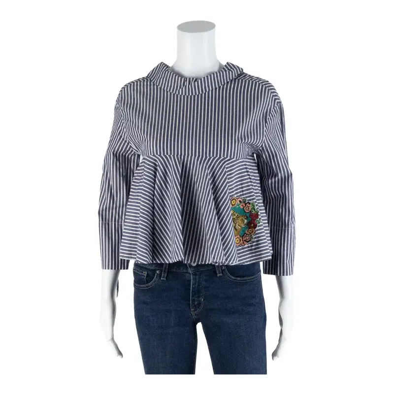 ZARA TRAFALUC Tiger Peplum Blue Roll Neck Striped 3/4 Sleeve Top Womens XS