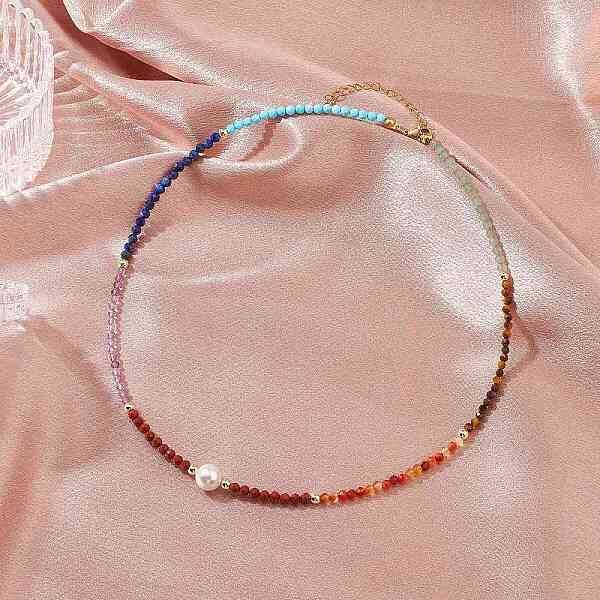 3.5mm Faceted Round Natural Gemstone & Shell Pearl Chakra Beaded Necklaces for Women