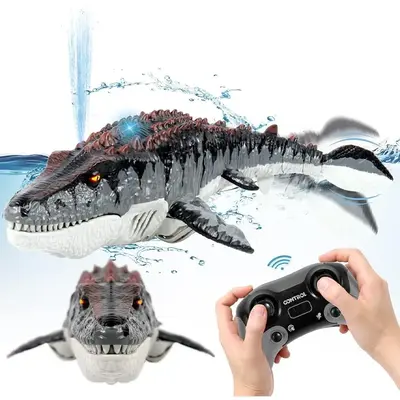 Remote Control Mosasaurus Dinosaur Toy, 1 Count Rechargeable Electric Simulation Dinosaur Toys with Light & Spray, Pool Toy f...