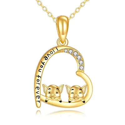 14K Gold Cubic Zirconia Pig & Heart Pendant Necklace with Engraved Word