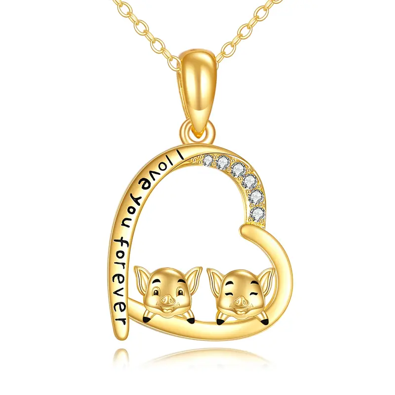 14K Gold Cubic Zirconia Pig & Heart Pendant Necklace with Engraved Word