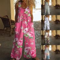 Women's Summer Boho Casual Jumpsuits Wide Leg Overalls Floral Print Baggy Rompers with Pockets