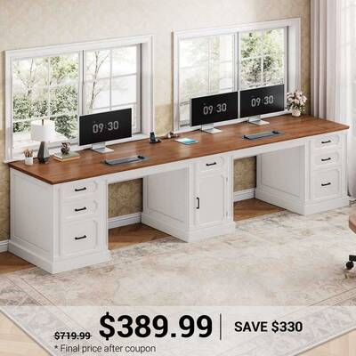 SEDETA | 110.3 Inch Farmhouse Two Person Desk Vintage Extra Long Computer Desk with Printer Stand Power Outlets 7 Drawers Sto...