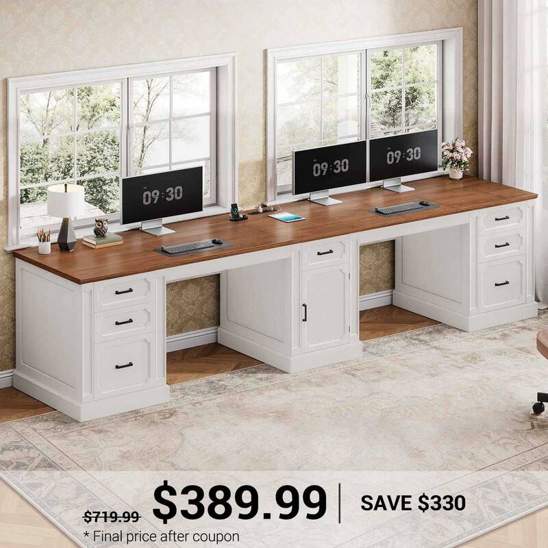 SEDETA | 110.3 Inch Farmhouse Two Person Desk Vintage Extra Long Computer Desk with Printer Stand Power Outlets 7 Drawers Sto...