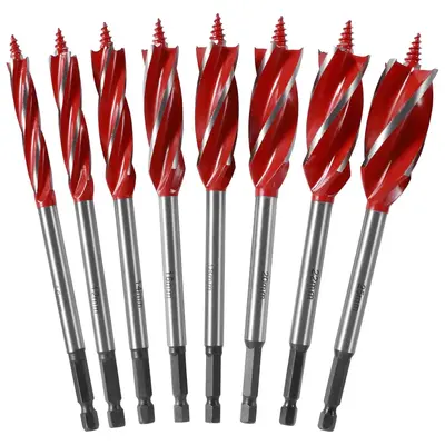 Auger Drill Bit Set, 8 Counts/set 4 Flute Cut Drilling Tool, Quick Change Hex Shank Wood Hole Drill Bit, High-carbon Steel Bo...