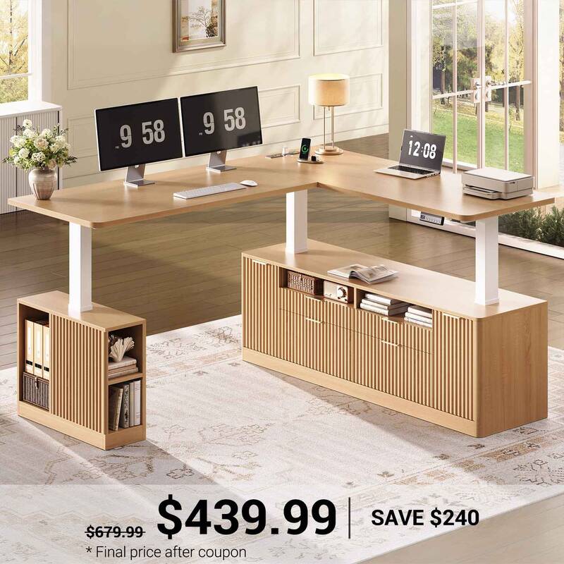 SEDETA | 69 Inch L Shaped Fluted Standing Desk Height Adjustable Electric Computer Executive Desks with Power Outlet 4 Drawer...