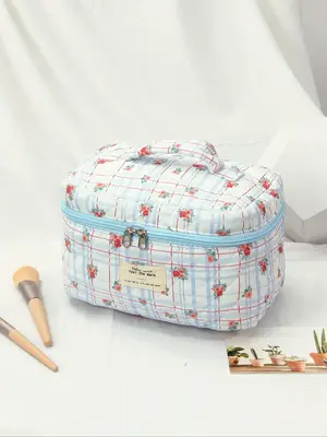 Portable Floral & Plaid Pattern Makeup Bag, Large Capacity Cosmetic Storage Bag, Cute Travel Storage Bag for Student