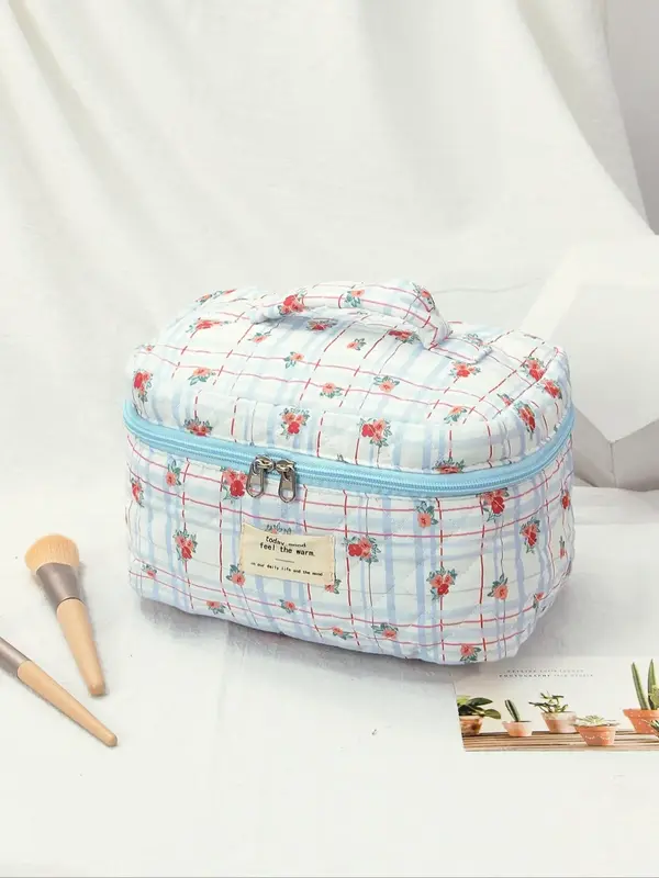 Portable Floral & Plaid Pattern Makeup Bag, Large Capacity Cosmetic Storage Bag, Cute Travel Storage Bag for Student