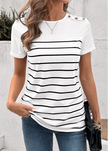Modlily White Button Striped Short Sleeve Round Neck T Shirt - S