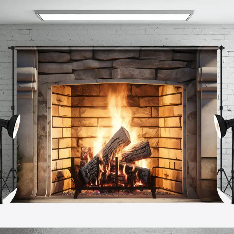 Aperturee Retro Bricks Fireplace Warm Vibe Christmas Backdrop - Aperturee