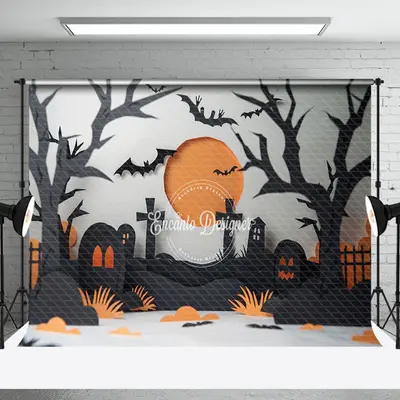 Aperturee Trunks Bats Orange Moon Cemetery Halloween Backdrop - Aperturee