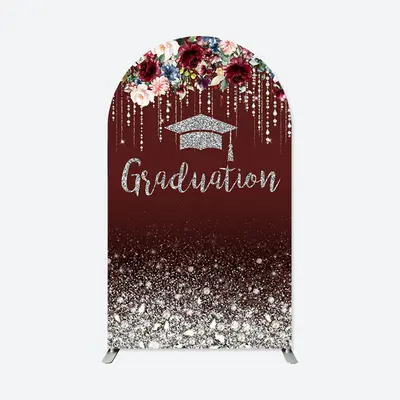 Aperturee Dark Red Floral Diamonds Graduation Arch Backdrop | Custom Arched Wall Covers | Circle Arch Backdrop Diy | Round Ar...