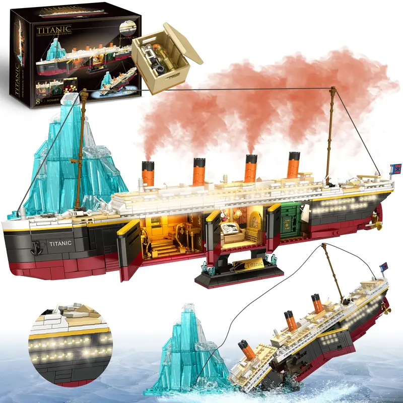 TOKMOC 2288 Pieces,Titanic Building Block Set,with Iceberg Sinking Pattern,Three Visible Cabins,Glacier Design,Glowing Light ...