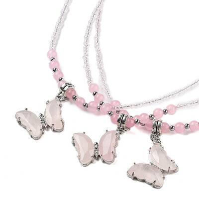 Natural Rose Quartz & Dyed Natural White Jade Faceted Butterfly  Pendant Necklaces
