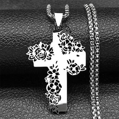 304 Stainless Steel Hollow Rose Cross Pendant Necklaces