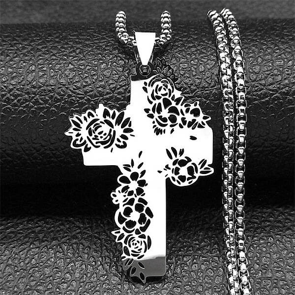 304 Stainless Steel Hollow Rose Cross Pendant Necklaces