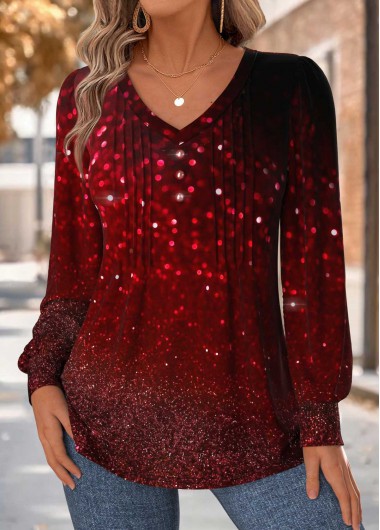 Modlily Red Tummy Coverage Ombre Long Sleeve T Shirt - XL