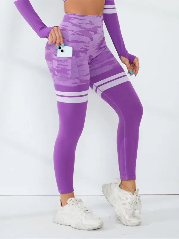 Women's Striped & Camo Pattern Sports Leggings with Phone Pocket, Tummy Control Butt Lift Leggings, High Waisted Athletic Wor...