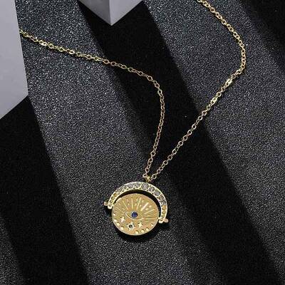 304 Stainless Steel Crystal Rhinestone Coin Evil Eye Pendant Necklaces for Women