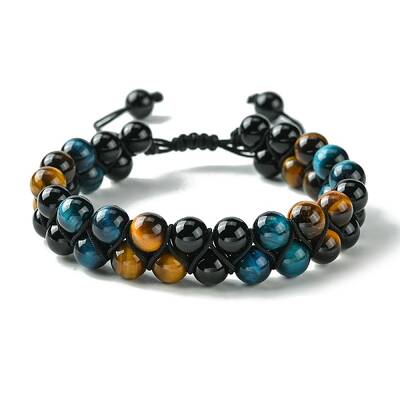 Natural Tiger Eye & Black Onyx Round Braided Bead Bracelet