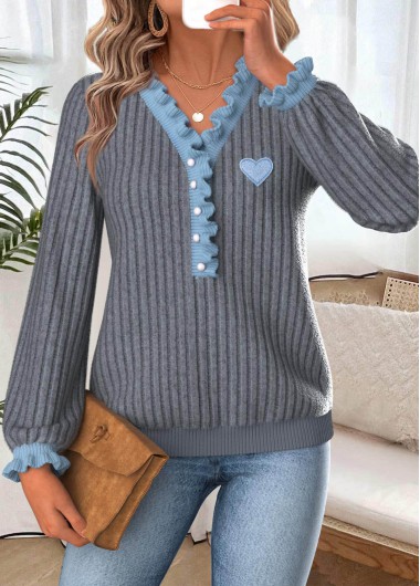 Modlily Dark Grey Marl Frill Long Sleeve T Shirt - XXL