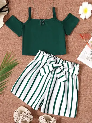 Girl's Outfits Set, Casual Cold Shoulder Crop Tee & Striped Print Shorts & Waist Belt for Summer, Kids Clothes for Daily Wear...