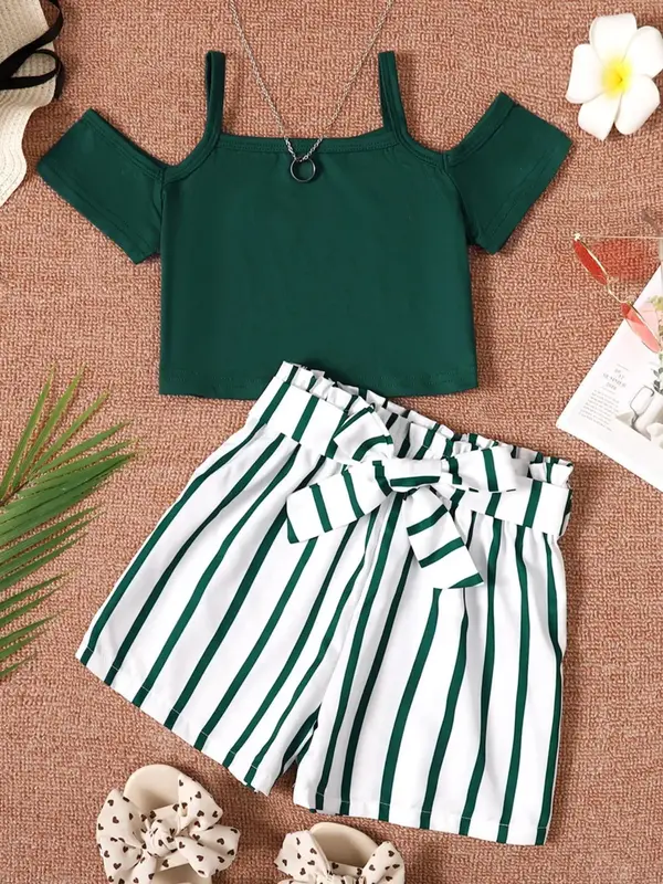 Girl's Outfits Set, Casual Cold Shoulder Crop Tee & Striped Print Shorts & Waist Belt for Summer, Kids Clothes for Daily Wear...