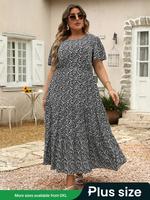 Women's Ditsy Floral Print A Line Dress, Boho Fashion Casual Plus Size Short Sleeve Dress for Daily Wear, Women Clothing, Wom...