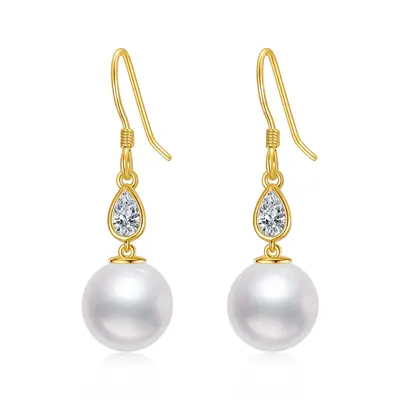 14K Gold Cubic Zirconia & Pearl Drop Shape Drop Earrings