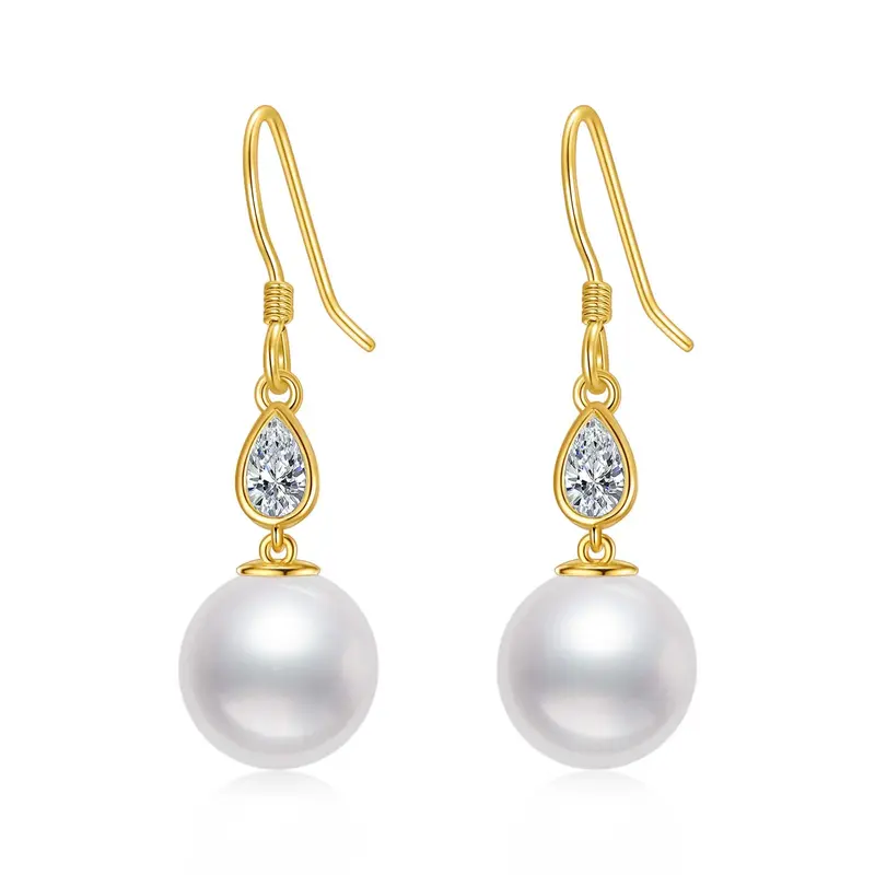 14K Gold Cubic Zirconia & Pearl Drop Shape Drop Earrings