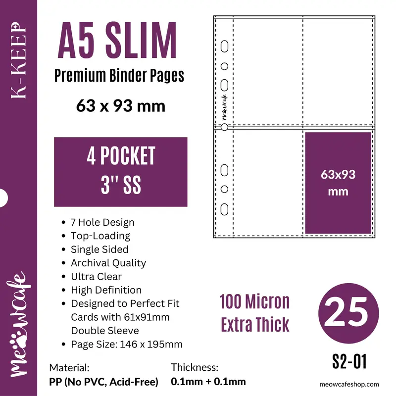 K-KEEP [A5 Slim] 4 Pocket - 63x93mm Single-Sided 7 Holes Premium Binder Pages, Double Sleeve Perfect Fit, 100 Micron Thick, H...