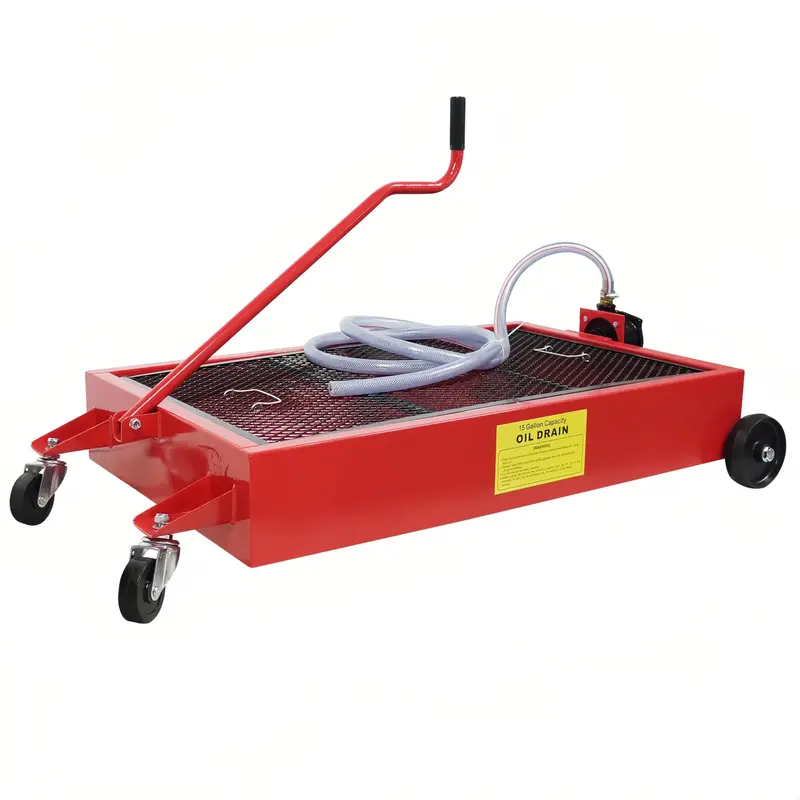 Garvee Low Profile Oil Drain Pan 15-Gallon Capacity Manual Rotary Pump Durable Plastic Wheels 7.2 Inch Hose for Cars Trucks S...