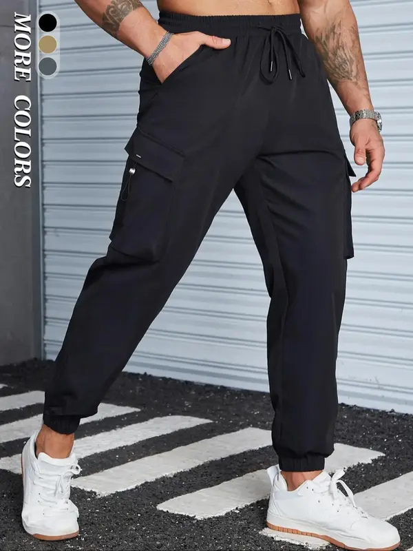 Men's Plain Pocket Cargo Sweatpants, Regular Fit Adjustable Drawstring Waist Pants, Summer Outfits 2024, Casual Street Wear ...