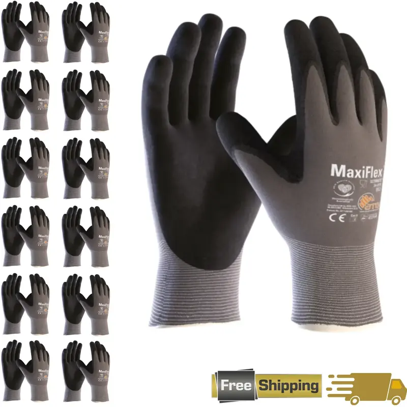 12 Pairs MaxiFlex Work Gloves – Guantes de Trabajo MaxiFlex – Micro-Foam Nitrile Coated – Breathable, Durable, Anti-Sli...