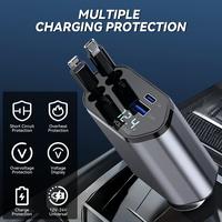 Retractable Car Charger, 4 in 1 Fast Car Phone Charger, 2 Retractable Cables and USB Car Charger, Compatible with iPhone 16/1...