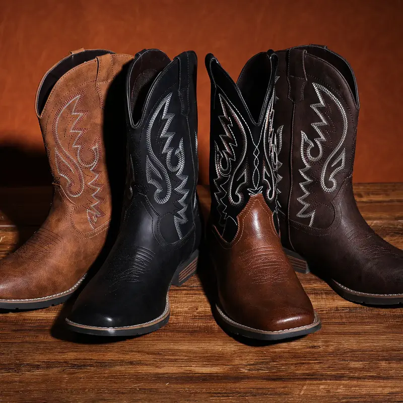 Cowboy Boots For Men with Wide Square Toe Western Retro Boot Durable Classic Fashionable Embroidered Pull On Slip Resistant B...