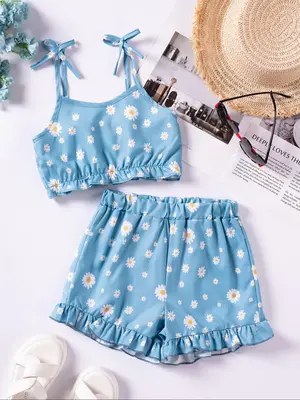 Two-Piece Set Girl's Floral Print Crop Cami Top & Lace Trim Shorts, Casual Cute Sleeveless Spaghetti Strap Top & Shorts for...