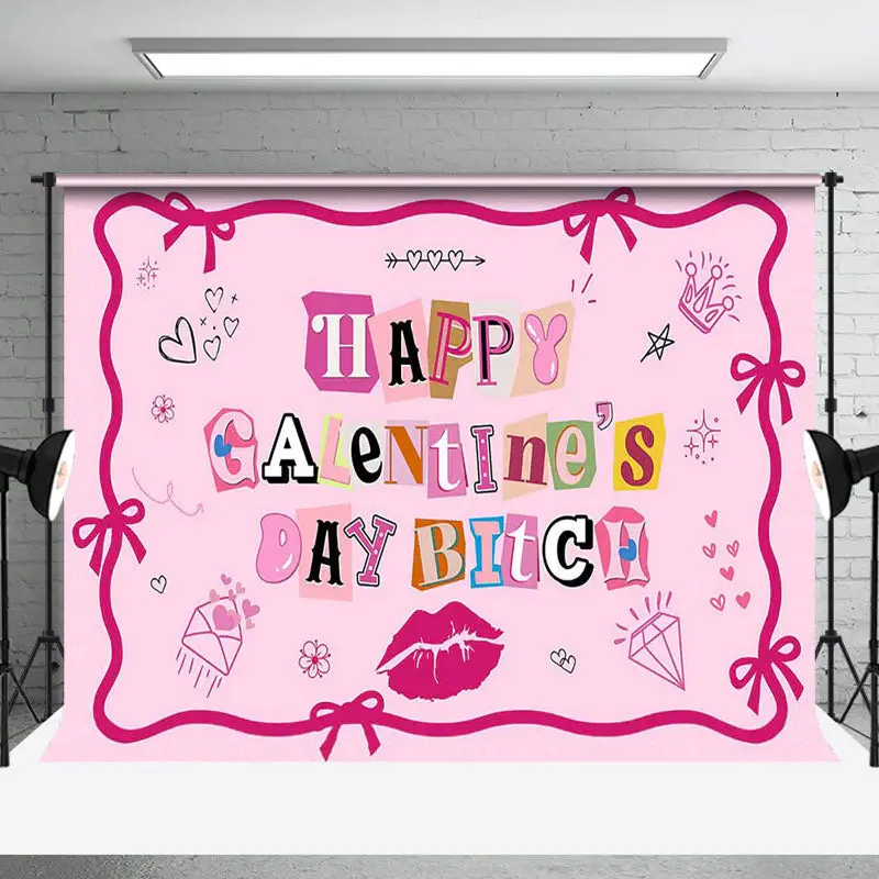 Pink Vibe Bow Tie Lip Happy Galentines Day Backdrop - Aperturee