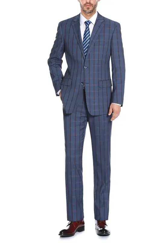 Blue Windowpane Plaid Classic Fit Men's Suit - Two Button Stretch