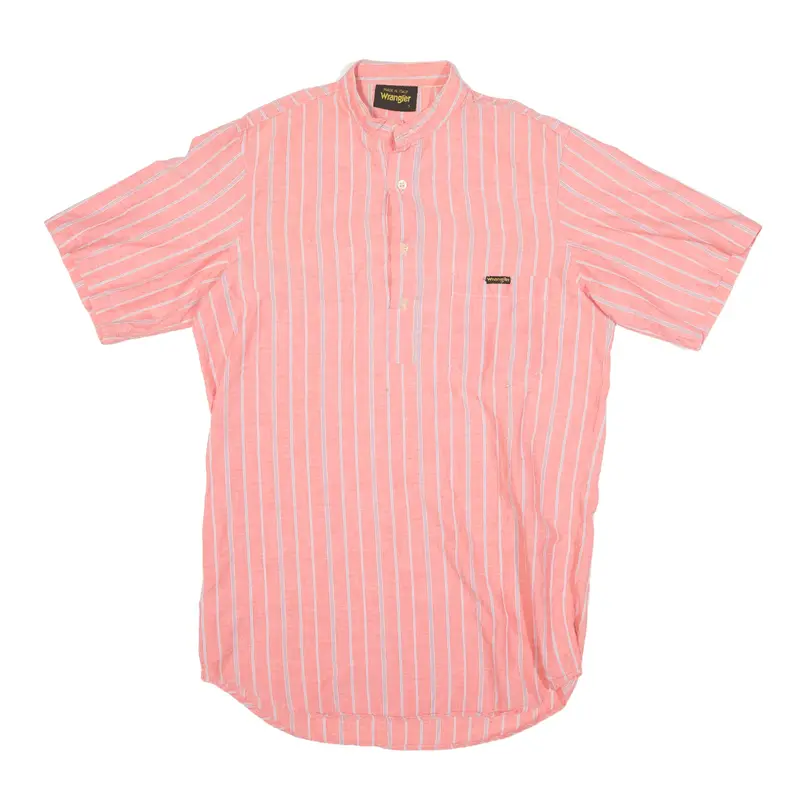 WRANGLER Pullover Grandad Collar Flannel Shirt Pink Striped Short Sleeve Mens S