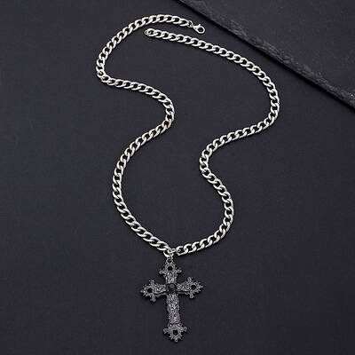 Alloy Pave Single Jet Rhinestone Religion Cross Pendant Twisted Chain Necklaces for Women