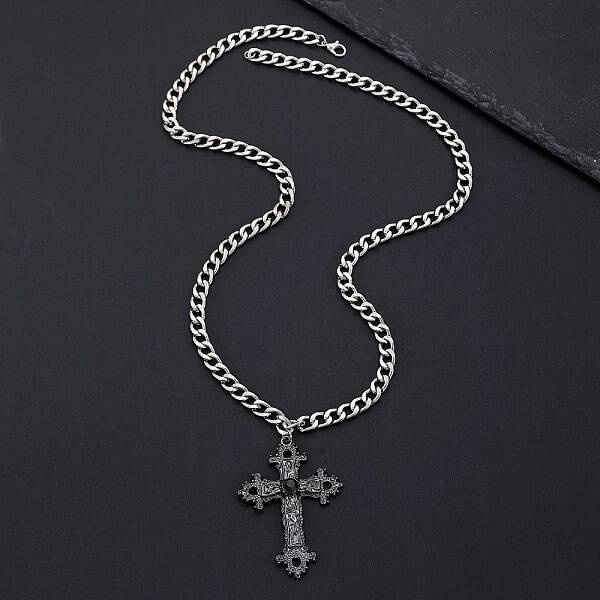 Alloy Pave Single Jet Rhinestone Religion Cross Pendant Twisted Chain Necklaces for Women