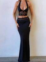 Two-piece Set Women's Contrast Lace Halter Neck Crop Tank Top & High Waist Skirt, Slim Elegant Fashion Casual Backless Sleeve...