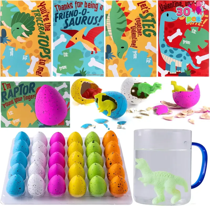 30 Packs Valentines Day Cards with Hatch Growing Dinosaur Eggs Toys with hangers for Valentine Kids Party Favor, Classroom Ex...
