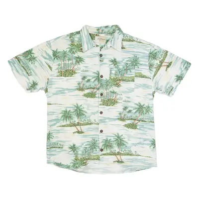BULL HEAD Palm Tree Print Mens Hawaiian Shirt White Floral M
