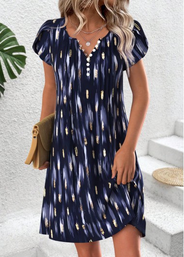 Modlily Navy Geometric Print Short Split Neck Dress - XXL